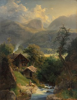 Emanuel von Stöckler (1819 - 1893) - Alpská krajina se stavením a potokem
