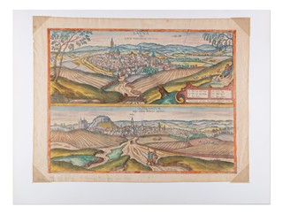 Franz Hogenberg (1535 - 1590) - Louny a Slaný (Launa vulgo Laun Bohemiae civitas – Schlanium vulgo Schlani Bohemiae oppidum)