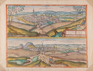 Franz Hogenberg (1535 - 1590) - Louny a Slaný (Launa vulgo Laun Bohemiae civitas – Schlanium vulgo Schlani Bohemiae oppidum)