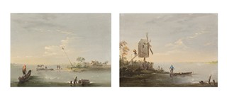 Norbert Grund (1717 - 1767) - Párové říční krajiny (Krajina s větrným mlýnem & Krajina s přívozem a stafáží)