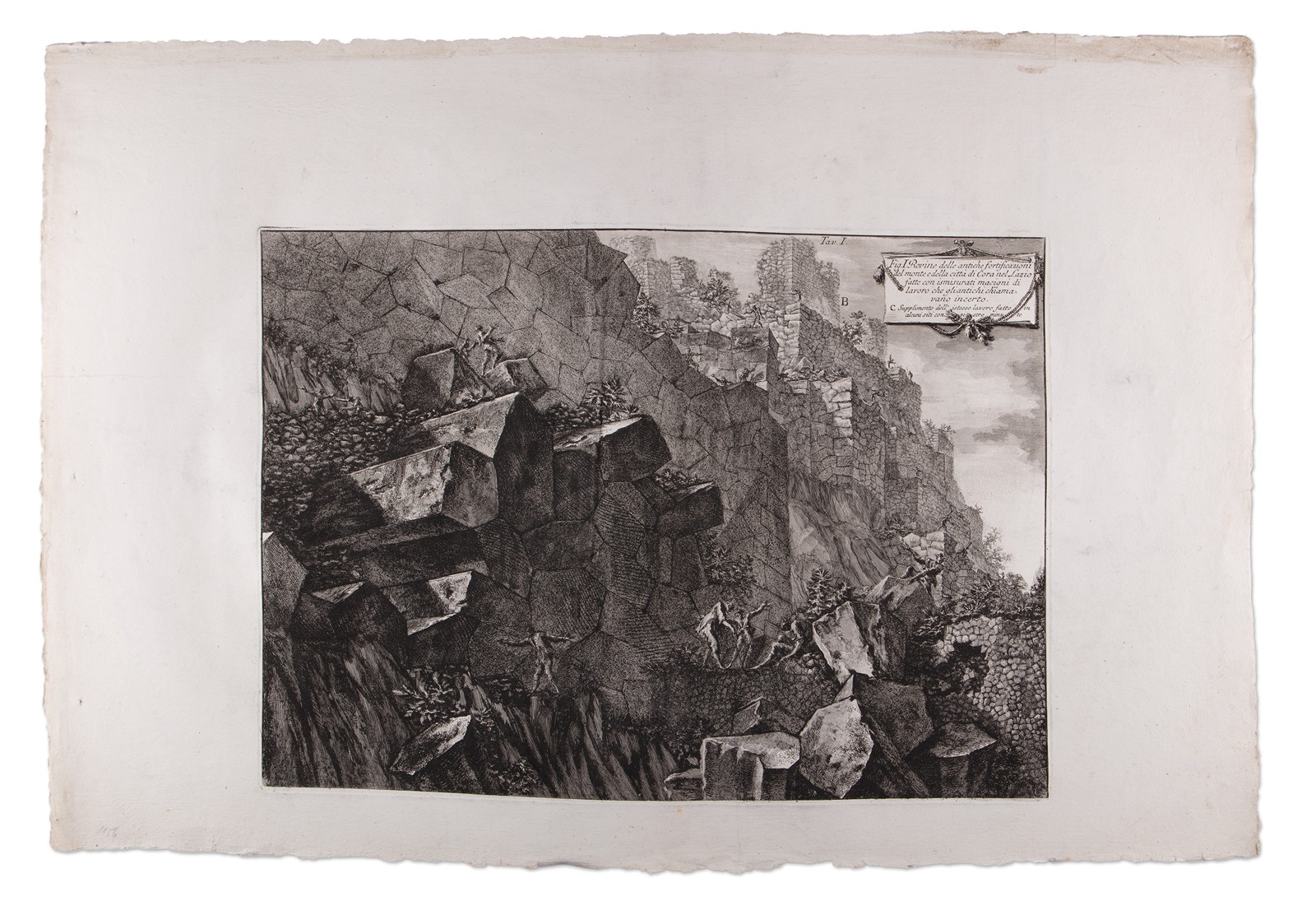 Giovanni Battista Piranesi (1720 - 1778) - Rovine delle antiche fortificazioni del monte e della città di Cora (velký list)