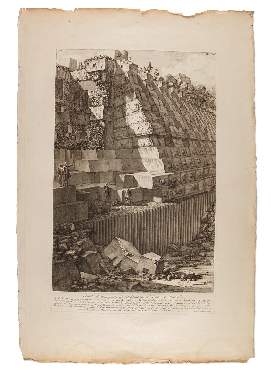 Giovanni Battista Piranesi (1720 - 1778) - Veduta di una parte de' fondamenti del Teatro di Marcello (velký list)