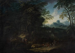Jan Jakub Hartmann (1658 - 1736) - Lovci v lese u hradu I velký formát I vystaveno