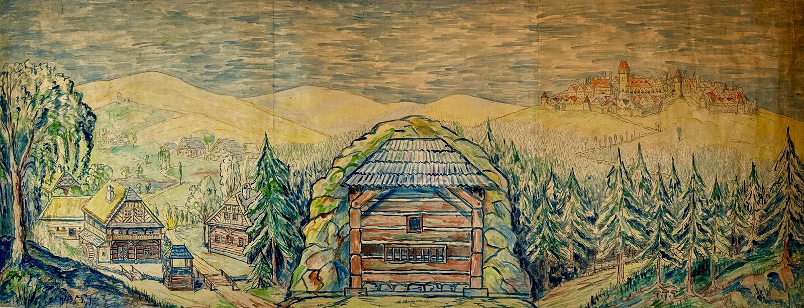 Alois Schneiderka (1896 - 1958) - Valašské dřevěnice v pohádkové krajině - obrovský formát