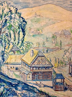 Alois Schneiderka (1896 - 1958) - Valašské dřevěnice v pohádkové krajině - obrovský formát