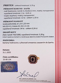Zlatý prvorepublikový prsten s přírodními safíry a přírodními diamanty - certifikováno