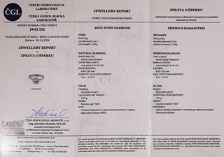 Zlatý prsten s briliantem 1,12 ct (vzácně bílý) - certifikováno