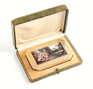 Luxusní zlatá tabatěrka s emailovou miniaturou a původní etui