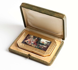 Luxusní zlatá tabatěrka s emailovou miniaturou a původní etui