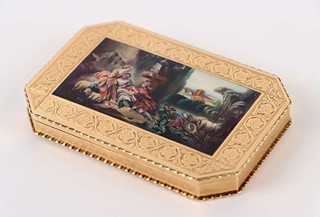 Luxusní zlatá tabatěrka s emailovou miniaturou a původní etui