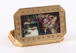 Luxusní zlatá tabatěrka s emailovou miniaturou a původní etui
