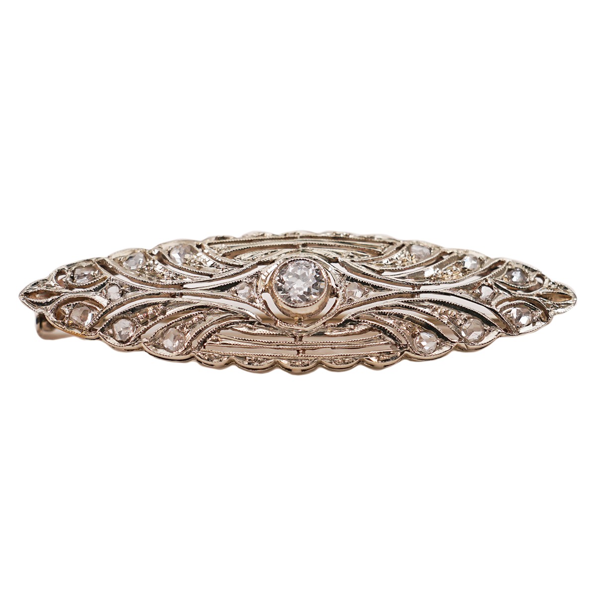 Zlatá brož Art Deco s briliantem a diamantovými routy
