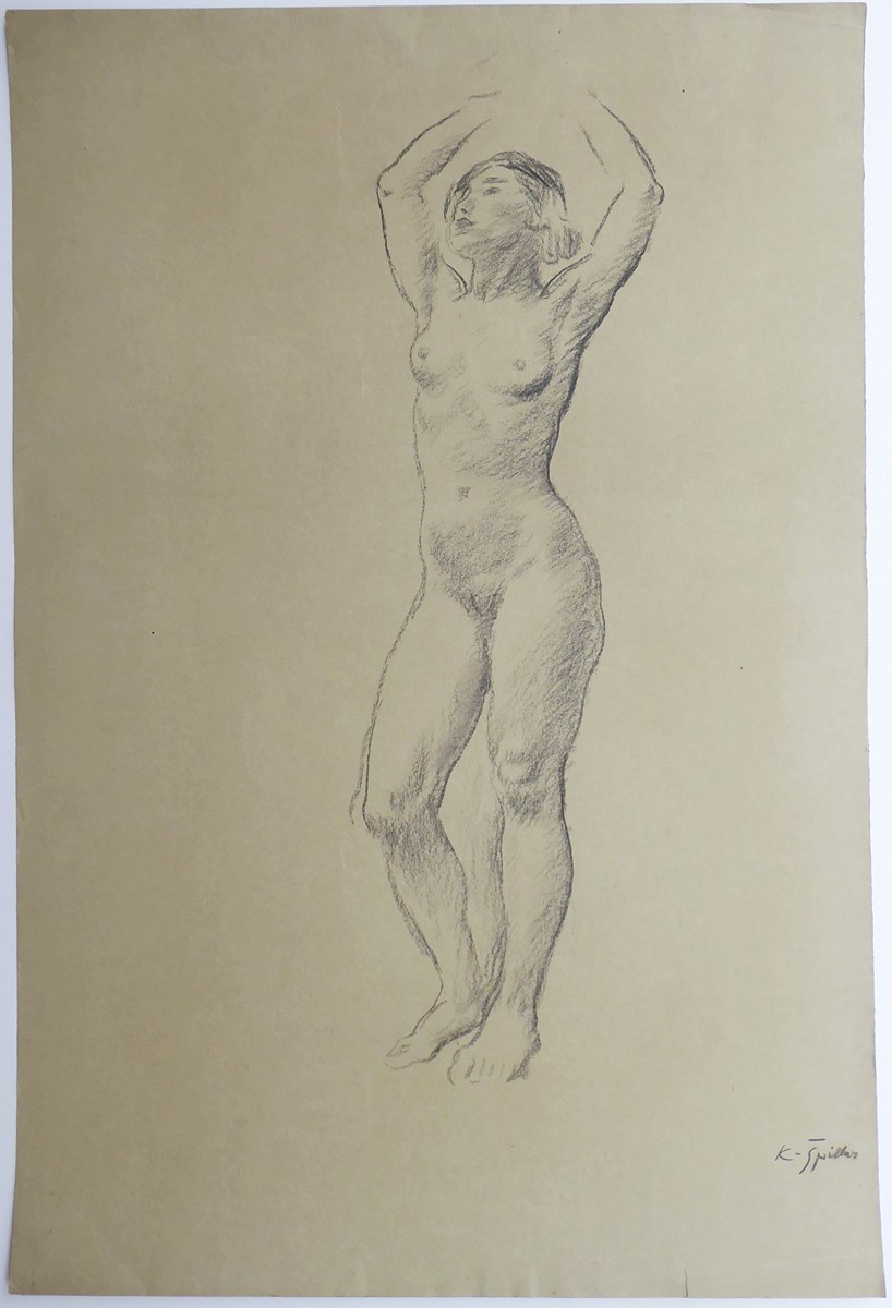 KAREL ŠPILLAR (1871-1939) - DÍVČÍ AKT S RUKAMA NAD HLAVOU - VĚTŠÍ ROZMĚR