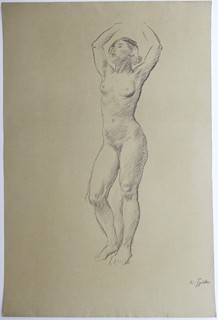 KAREL ŠPILLAR (1871-1939) - DÍVČÍ AKT S RUKAMA NAD HLAVOU - VĚTŠÍ ROZMĚR