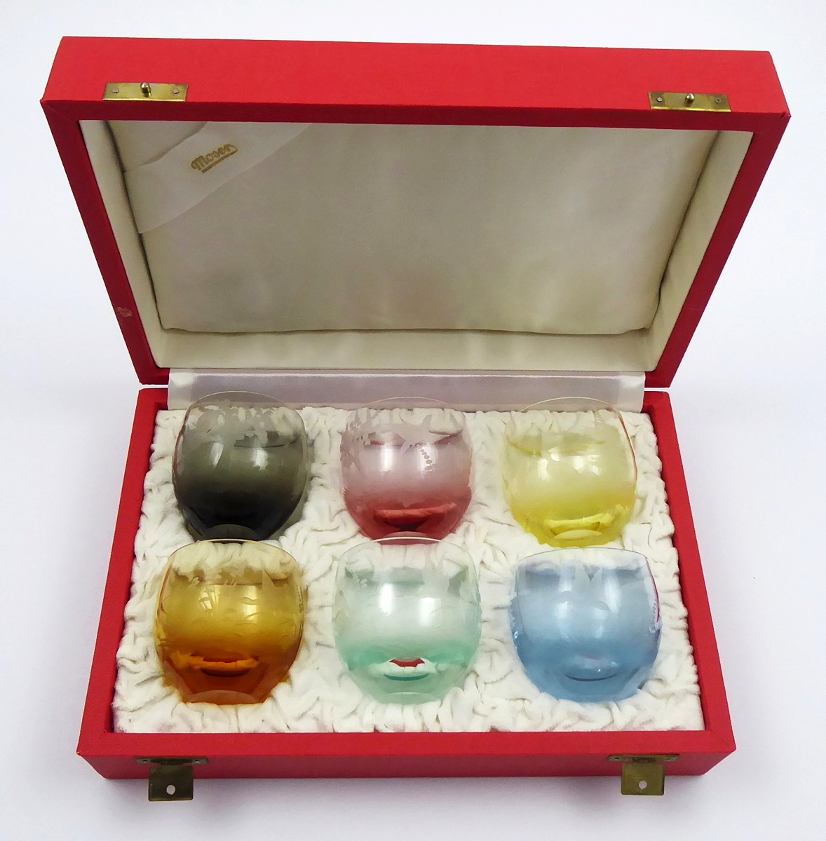 RUDOLF ESCHLER - ŠEST SKLENIČEK CULBUTO S PTAČÍMI RYTINAMI V LUXUSNÍ KAZETĚ - MOSER