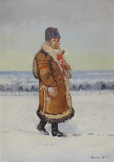 LUDVÍK DOBEŠ (1914-1979) - MUŽ S DÝMKOU VE SLOVÁCKÉM KOŽUCHU (KOŽICHU)