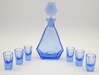 ART DECO KARAFA S 6 SKLENIČKAMI Z AKVAMARÍNOVÉHO SKLA - J. RIEDEL ?