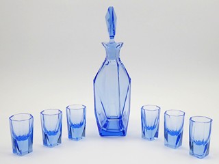 ART DECO KARAFA S 6 SKLENIČKAMI Z AKVAMARÍNOVÉHO SKLA - J. RIEDEL ?