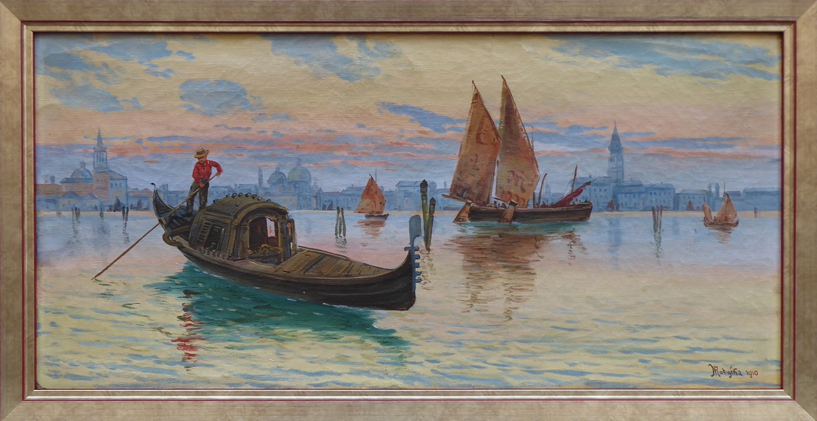FRANTIŠEK MOTYČKA (NAR. 1877) - BENÁTSKÁ LAGUNA S GONDOLOU V PODVEČERU S ČERVÁNKY