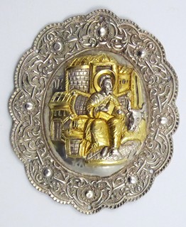 ZLACENÝ STŘÍBRNÝ RELIÉF S VÝJEVEM SVATÉHO LUKÁŠE EVANGELISTY