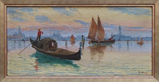 FRANTIŠEK MOTYČKA (NAR. 1877) - BENÁTSKÁ LAGUNA S GONDOLOU V PODVEČERU S ČERVÁNKY