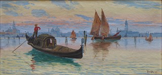 FRANTIŠEK MOTYČKA (NAR. 1877) - BENÁTSKÁ LAGUNA S GONDOLOU V PODVEČERU S ČERVÁNKY
