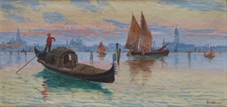 FRANTIŠEK MOTYČKA (NAR. 1877) - BENÁTSKÁ LAGUNA S GONDOLOU V PODVEČERU S ČERVÁNKY