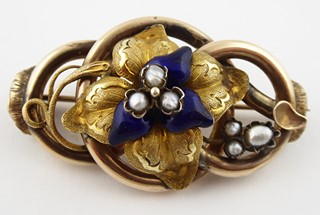 ZLATÁ BROŽ S EMAILEM KRÁLOVSKÉ MODŘI A PERLAMI - BIEDERMEIER