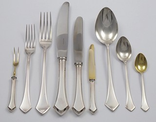 FRANTIŠEK BIBUS (1860 - 1944) - STŘÍBRNÉ ART DECO PŘÍBORY V DŘEVĚNÉ KAZETĚ 48 KS - FRANTIŠEK BIBUS, MORAVSKÁ TŘEBOVÁ