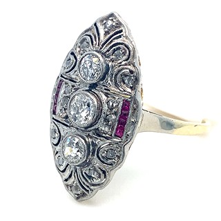 Prsten s diamanty a rubíny | Art deco | Československo 1930