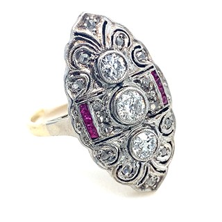 Prsten s diamanty a rubíny | Art deco | Československo 1930