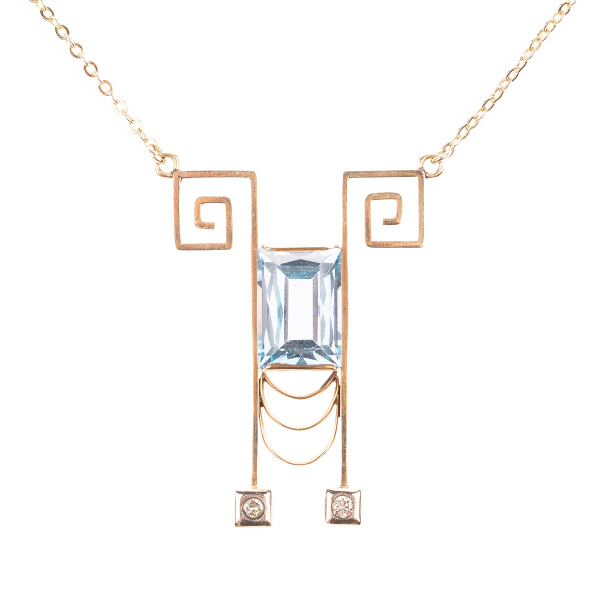 Art Deco zlatý náhrdelník s akvamarínem a diamanty | Československo / Střední Evropa