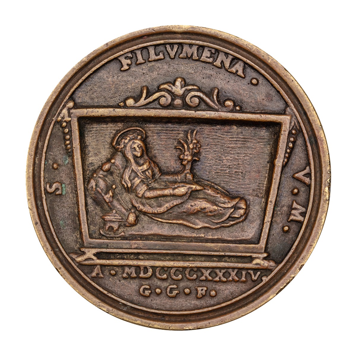 Bronzová medaile svaté Filomény (S. Filumena V. M.) | Giovanni Grotolini (G. G. F.), Modena / Itálie (1834)