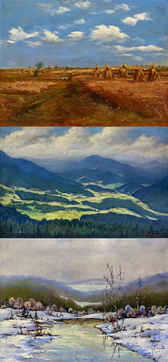 Bohumil Pospíšil (1914 - 1996) - Konvolut tří olejomaleb I F. Hanuš Hérink (1889-1958) I Žně na Ostravsku I Horská krajina I Tání