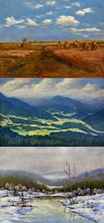 Bohumil Pospíšil (1914 - 1996) - Konvolut tří olejomaleb I F. Hanuš Hérink (1889-1958) I Žně na Ostravsku I Horská krajina I Tání
