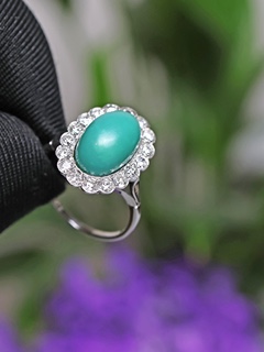 Zlatý prsten s přírodním tyrkysem a diamanty 0,90 ct