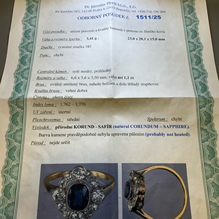 Prsten s diamanty a safírem | Art deco | Československo 1925 | znalecký posudek