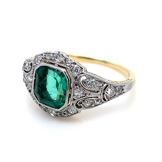 Luxusní prsten s diamanty a smaragdem | Art deco | Československo 1930 | znalecký posudek
