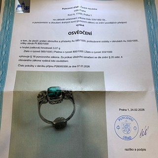 Luxusní prsten s diamanty a smaragdem | Art deco | Československo 1930 | znalecký posudek
