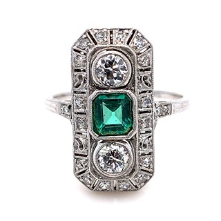 Luxusní prsten s diamanty a smaragdem | Art deco | Československo 1930 | znalecký posudek