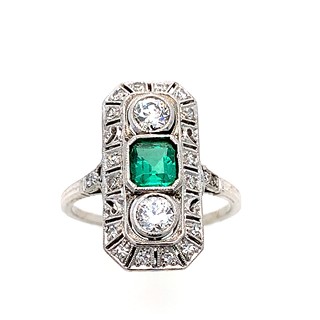 Luxusní prsten s diamanty a smaragdem | Art deco | Československo 1930 | znalecký posudek
