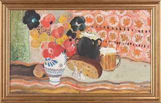 Josef Hlinomaz (1914 - 1978) - Zátiší s chlebem a pivem