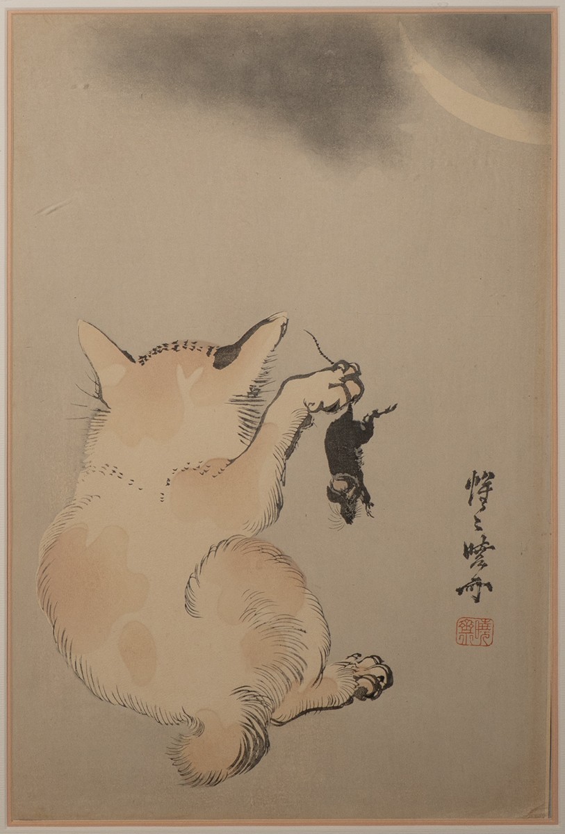 Cat with Mouse beneath a Cloudy Moon