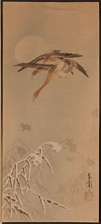 Two Geese Flying over Snow-Covered Reeds