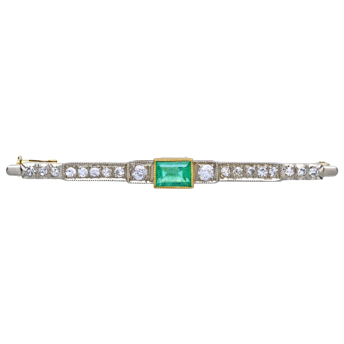 Art deco zlatá brož s přírodním smaragdem a diamanty