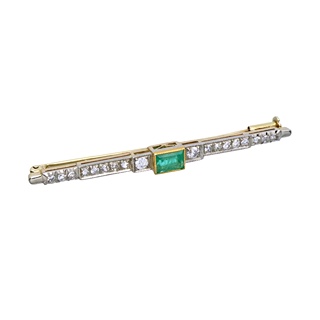 Art deco zlatá brož s přírodním smaragdem a diamanty