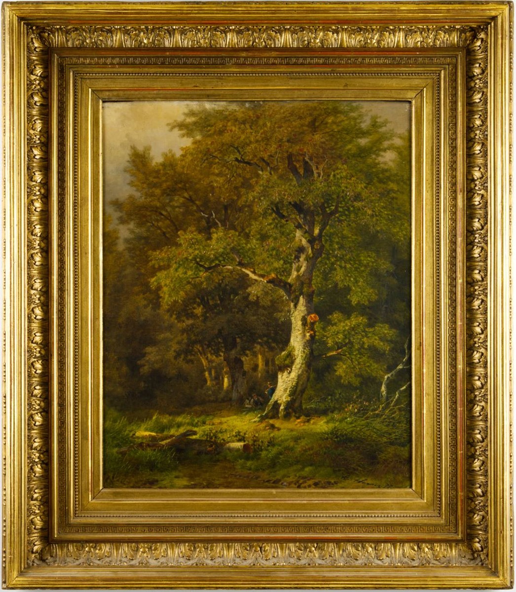 HUNTER WITH A DOG IN A FOREST LANDSCAPE