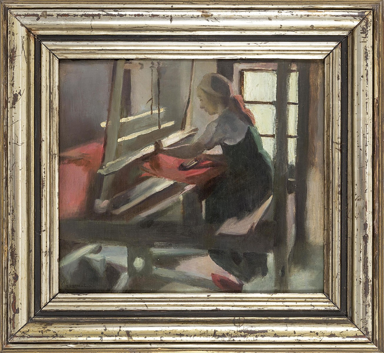 Girl at weaving loom