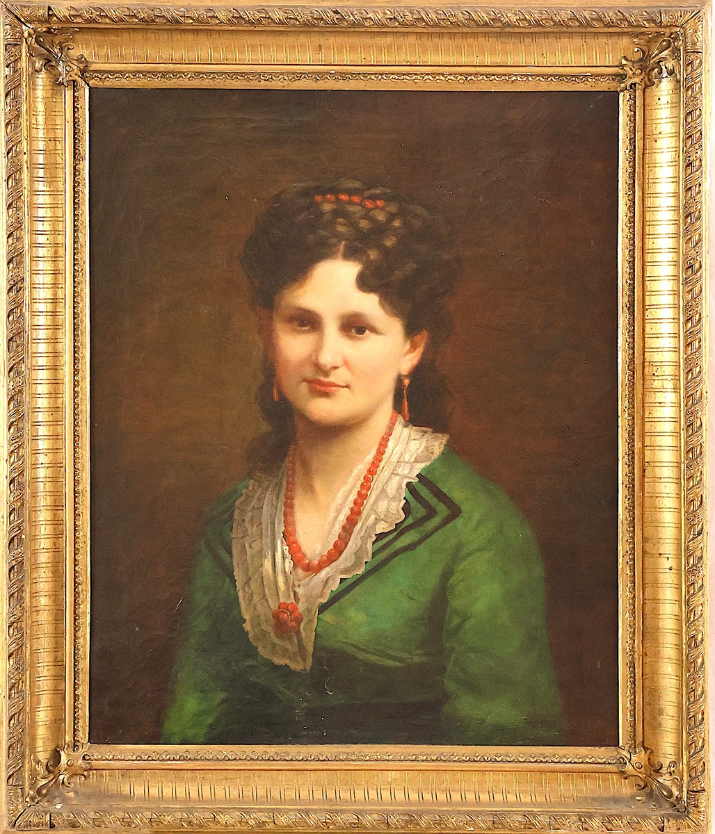 European School, 19th Century -
Portrait of a Lady in a Green Gown with Coral Jewelry