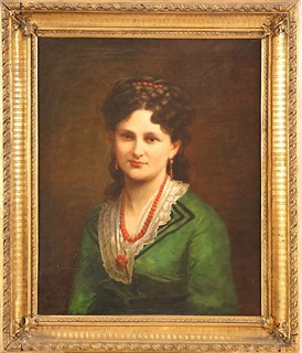 European School, 19th Century -
Portrait of a Lady in a Green Gown with Coral Jewelry